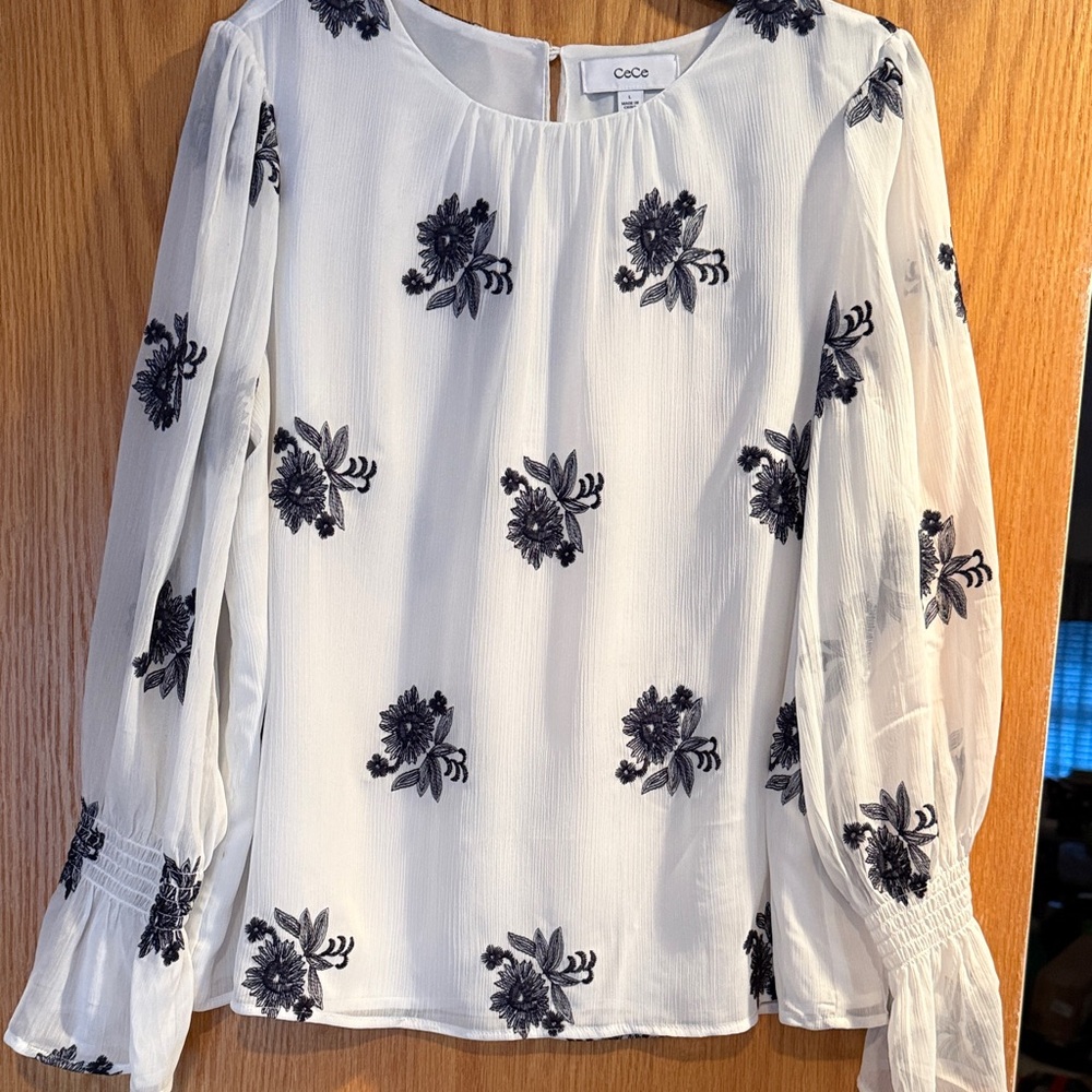 CeCe White Blouse with Black Floral Design